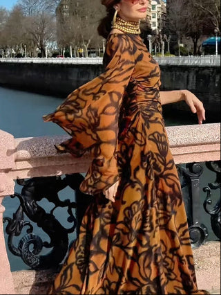 Ursula™ - Beach Glam Brown Long Printed Dress