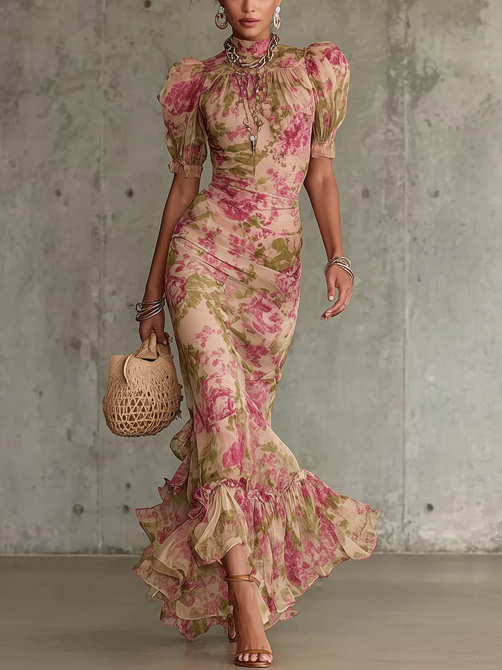 Isaure™ - Vintage Rose Print Puff Sleeve Maxi Dress