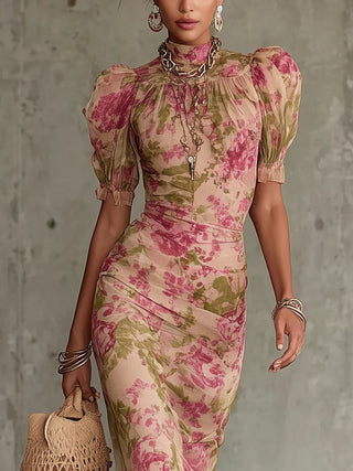 Isaure™ - Vintage Rose Print Puff Sleeve Maxi Dress