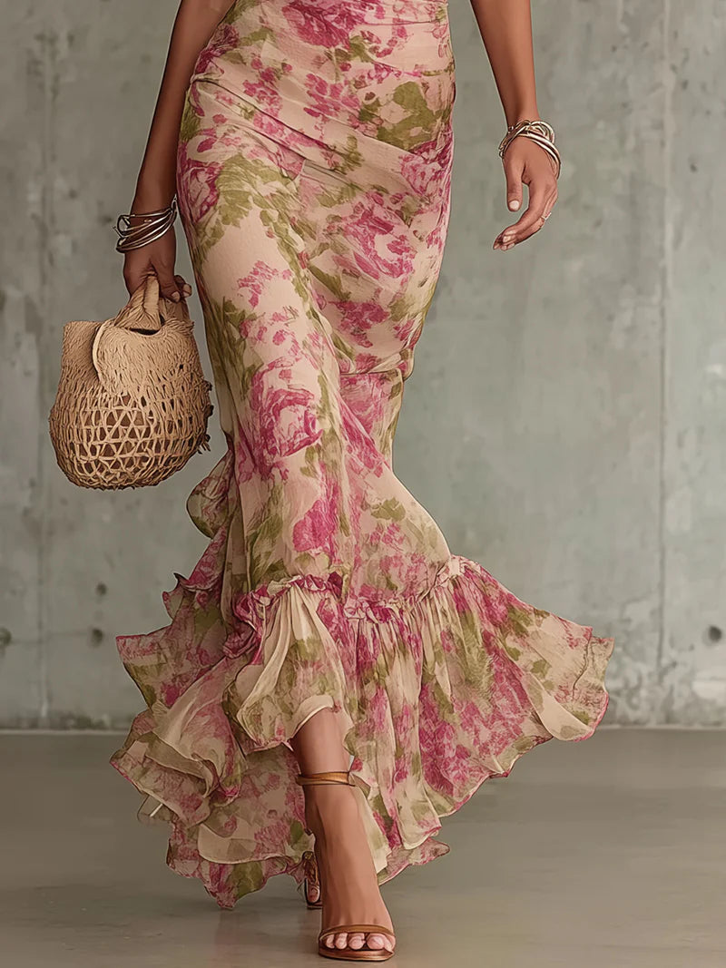 Isaure™ - Vintage Rose Print Puff Sleeve Maxi Dress