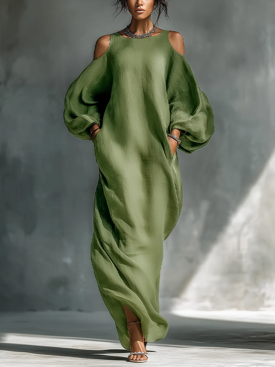 Amaryllis™ - Green Off-Shoulder Puff Sleeve Maxi Dress