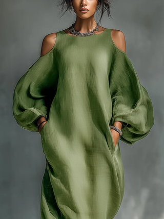 Amaryllis™ - Green Off-Shoulder Puff Sleeve Maxi Dress