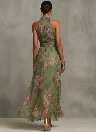 Sabrine™ - Green Floral Chiffon Halter Maxi Dress
