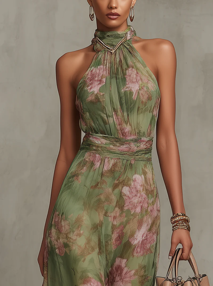 Sabrine™ - Green Floral Chiffon Halter Maxi Dress