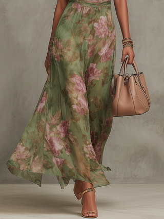 Sabrine™ - Green Floral Chiffon Halter Maxi Dress