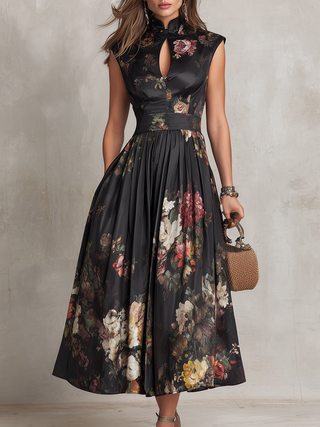 Cosette™ - Black Floral Satin Pleated Midi Dress