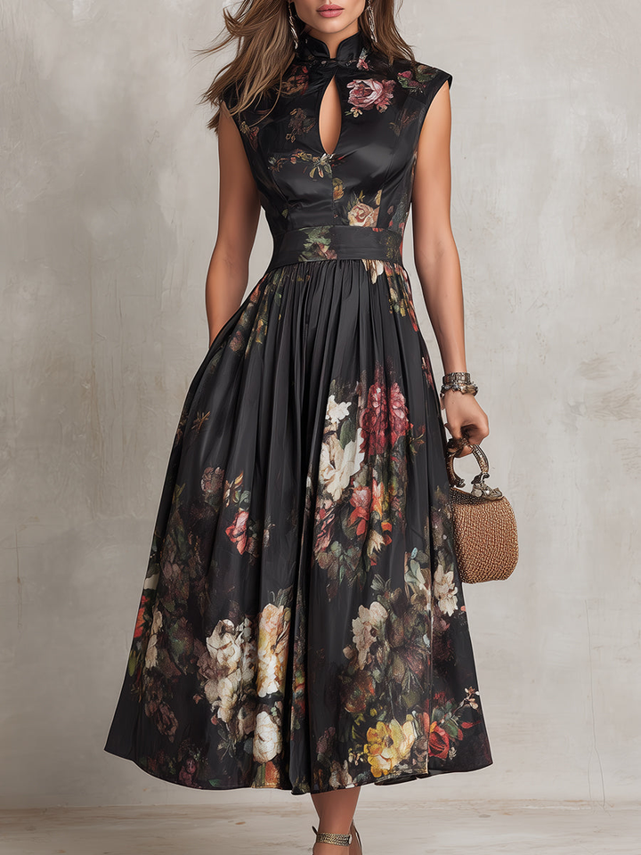 Cosette™ - Black Floral Satin Pleated Midi Dress