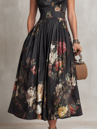 Cosette™ - Black Floral Satin Pleated Midi Dress