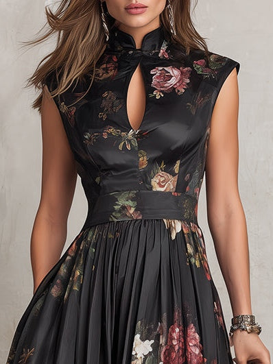 Cosette™ - Black Floral Satin Pleated Midi Dress