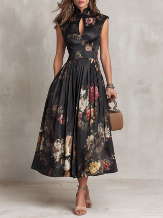 Cosette™ - Black Floral Satin Pleated Midi Dress