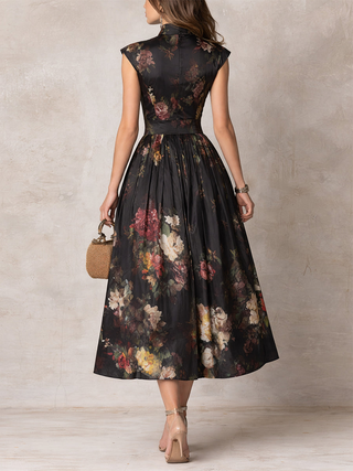 Cosette™ - Black Floral Satin Pleated Midi Dress