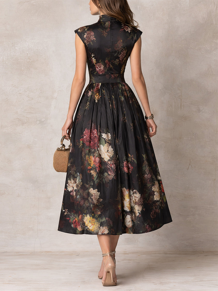 Cosette™ - Black Floral Satin Pleated Midi Dress