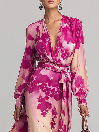 Undine™ - Rose Floral V-Neck Belted Maxi Dress