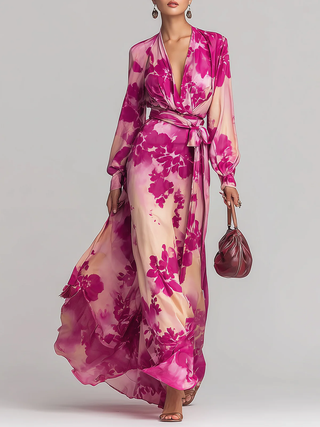 Undine™ - Rose Floral V-Neck Belted Maxi Dress