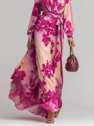 Undine™ - Rose Floral V-Neck Belted Maxi Dress