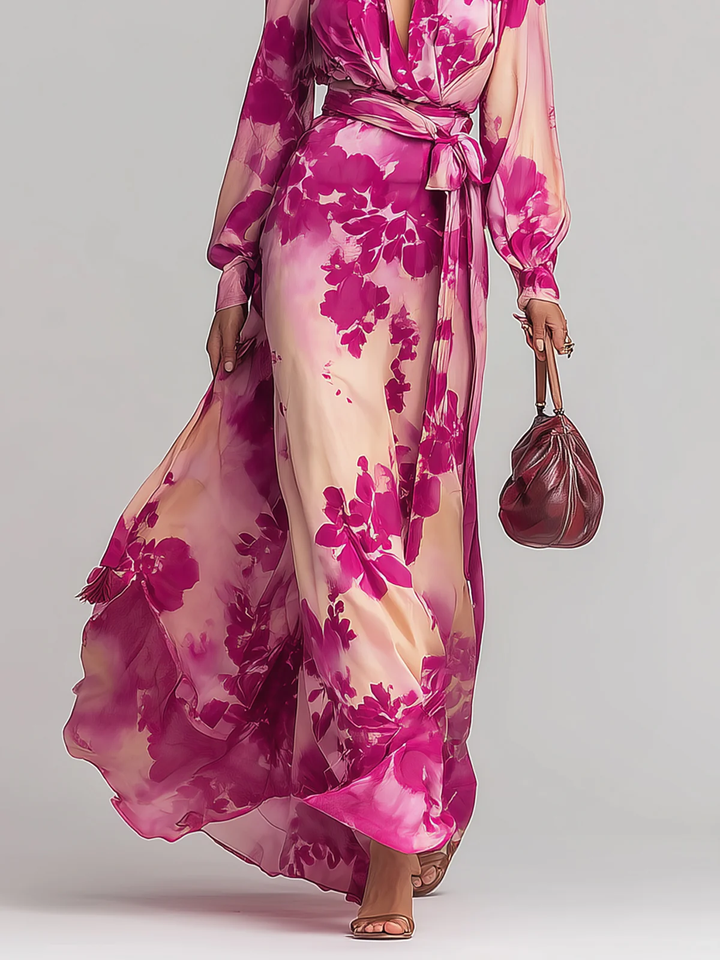 Undine™ - Rose Floral V-Neck Belted Maxi Dress