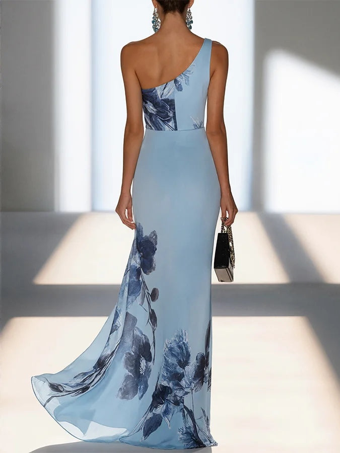 Thomasina™ - Satin Ink Print Off-Shoulder Maxi Dress