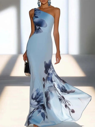 Thomasina™ - Satin Ink Print Off-Shoulder Maxi Dress