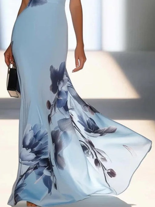 Thomasina™ - Satin Ink Print Off-Shoulder Maxi Dress