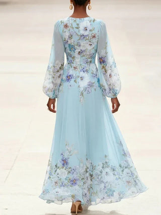 Zenobia™ - Light Blue Floral Chiffon V-Neck Maxi Dress