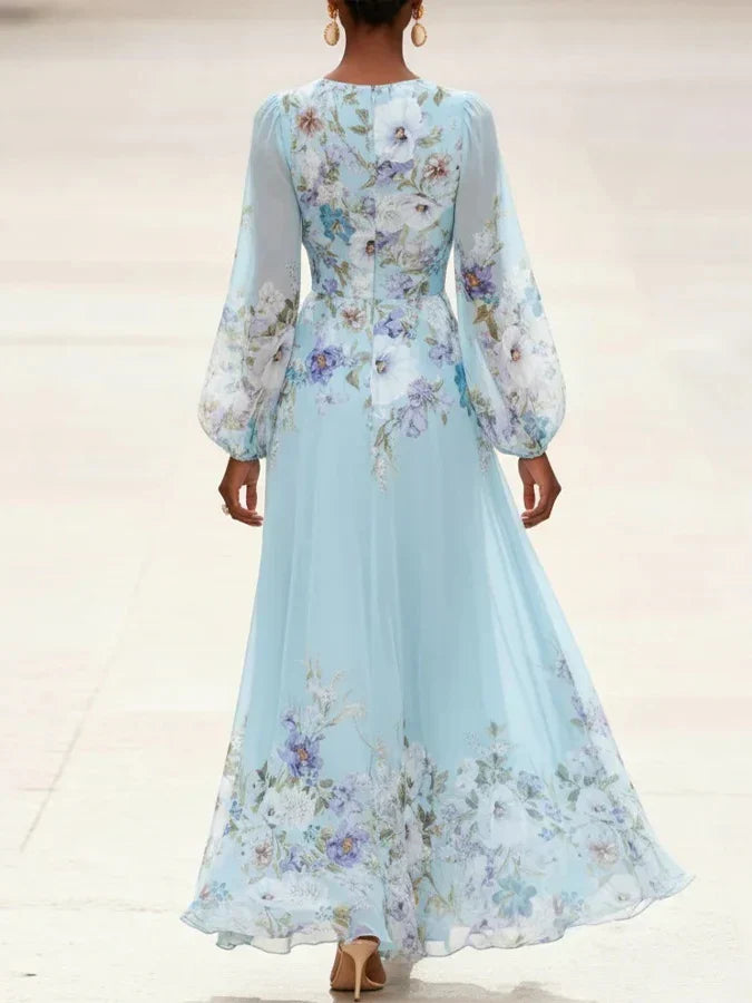 Zenobia™ - Light Blue Floral Chiffon V-Neck Maxi Dress