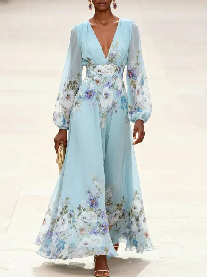 Zenobia™ - Light Blue Floral Chiffon V-Neck Maxi Dress