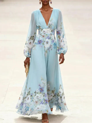 Zenobia™ - Light Blue Floral Chiffon V-Neck Maxi Dress