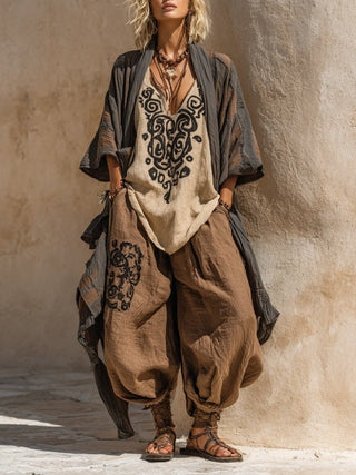Rosamond™ - Nomadic Bohemian Art Print Three-Piece Set Outfit