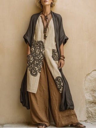 Elberta™ - Dark Gray & Brown Tribal Print Three-Piece Set