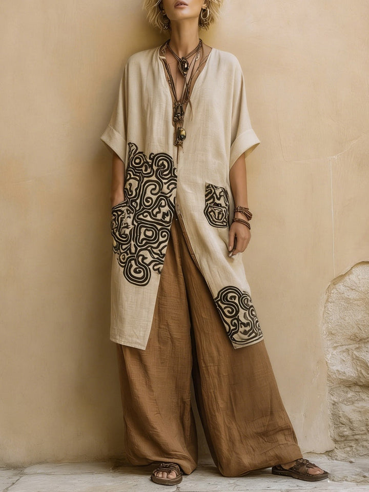 Elberta™ - Dark Gray & Brown Tribal Print Three-Piece Set