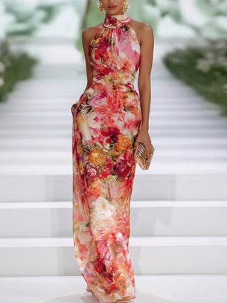 Rosalinde™ - Red Chiffon Floral Sleeveless Maxi Dress