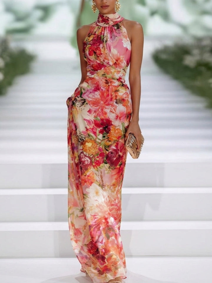 Rosalinde™ - Red Chiffon Floral Sleeveless Maxi Dress