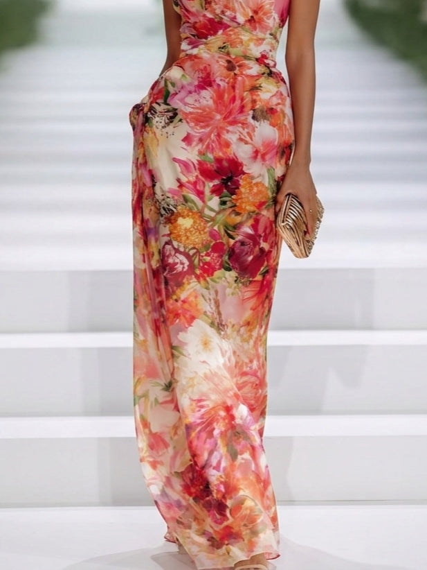 Rosalinde™ - Red Chiffon Floral Sleeveless Maxi Dress