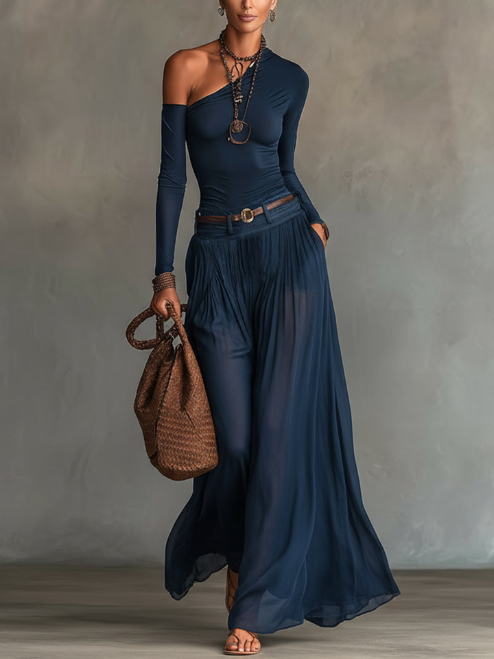 Adalyn™ - Navy One-shoulder Top And Skirt Two-piece Set
