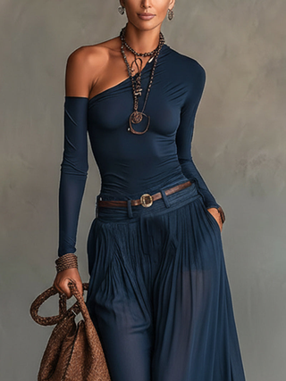 Adalyn™ - Navy One-shoulder Top And Skirt Two-piece Set