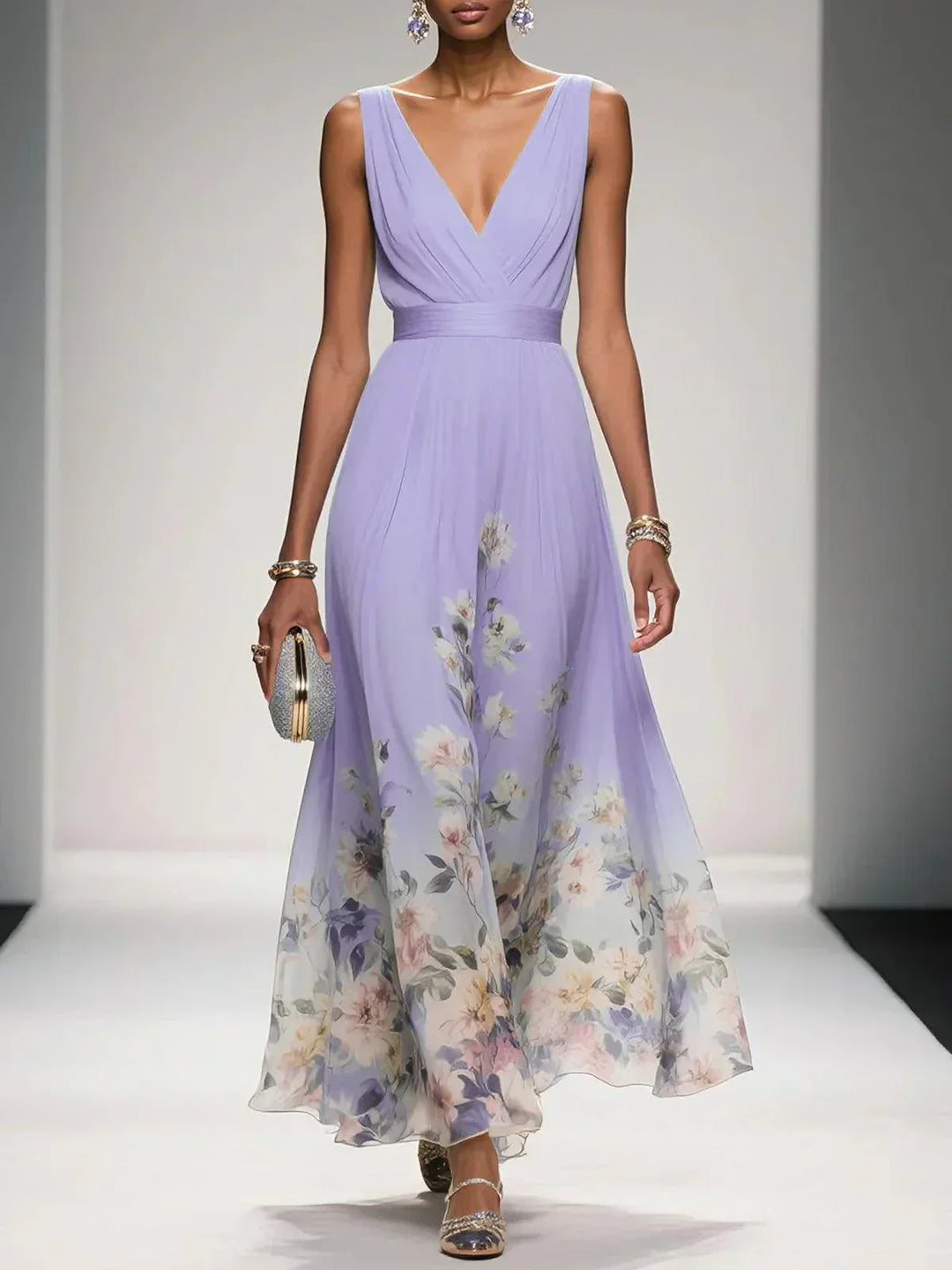 Sidonie™ - Light Blue Floral Chiffon V-Neck Maxi Dress
