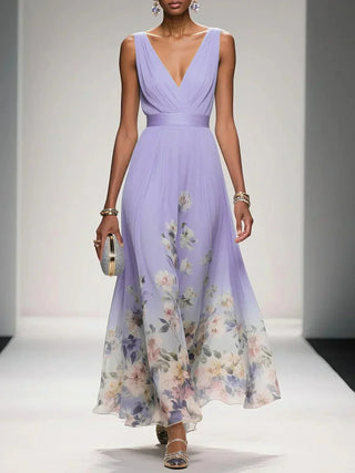 Sidonie™ - Light Blue Floral Chiffon V-Neck Maxi Dress