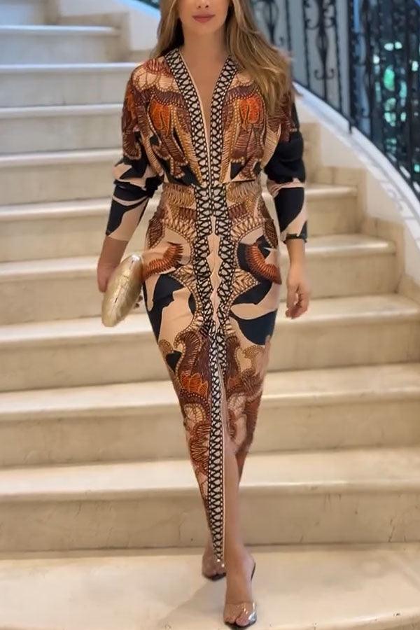 Yolanda™ - Sun Escape Unique Print Dolman Midi Dress