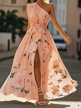 Magnolia™ - Light Green Floral Chiffon One-Shoulder Maxi Dress