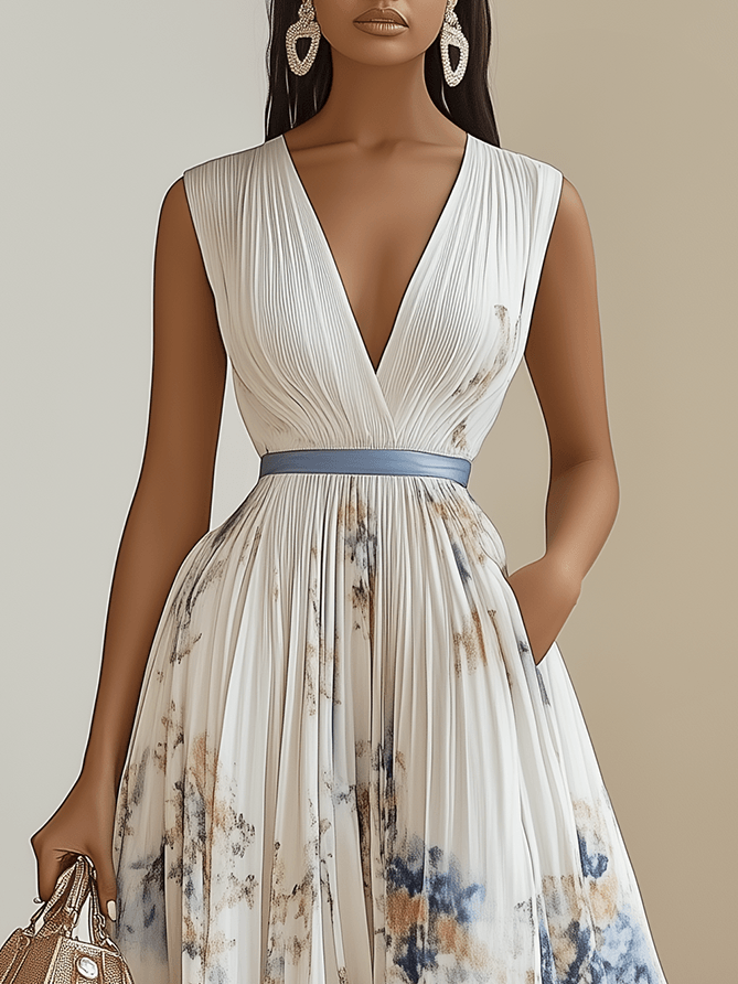 Loveday™ - White Floral Chiffon V-Neck Pleated Midi Dress