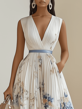 Loveday™ - White Floral Chiffon V-Neck Pleated Midi Dress
