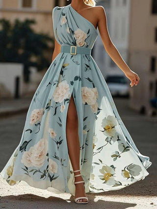 Magnolia™ - Light Green Floral Chiffon One-Shoulder Maxi Dress