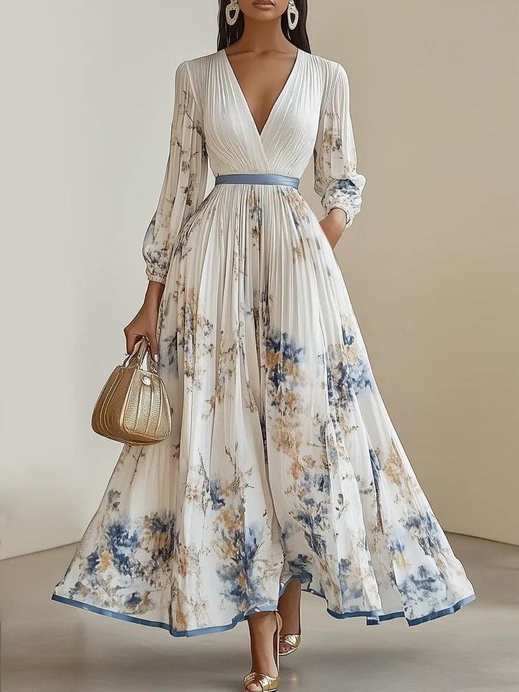 Ottavine™ - White Floral Chiffon Balloon Sleeve Maxi Dress
