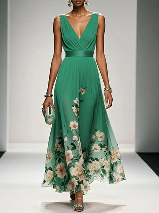 Sidonie™ - Light Blue Floral Chiffon V-Neck Maxi Dress