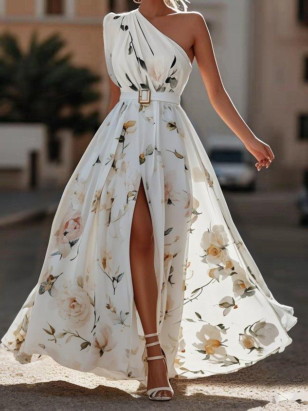 Magnolia™ - Light Green Floral Chiffon One-Shoulder Maxi Dress