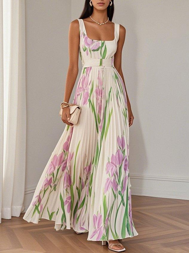 Zephyrine™ - White Pleated Floral Chiffon Maxi Dress