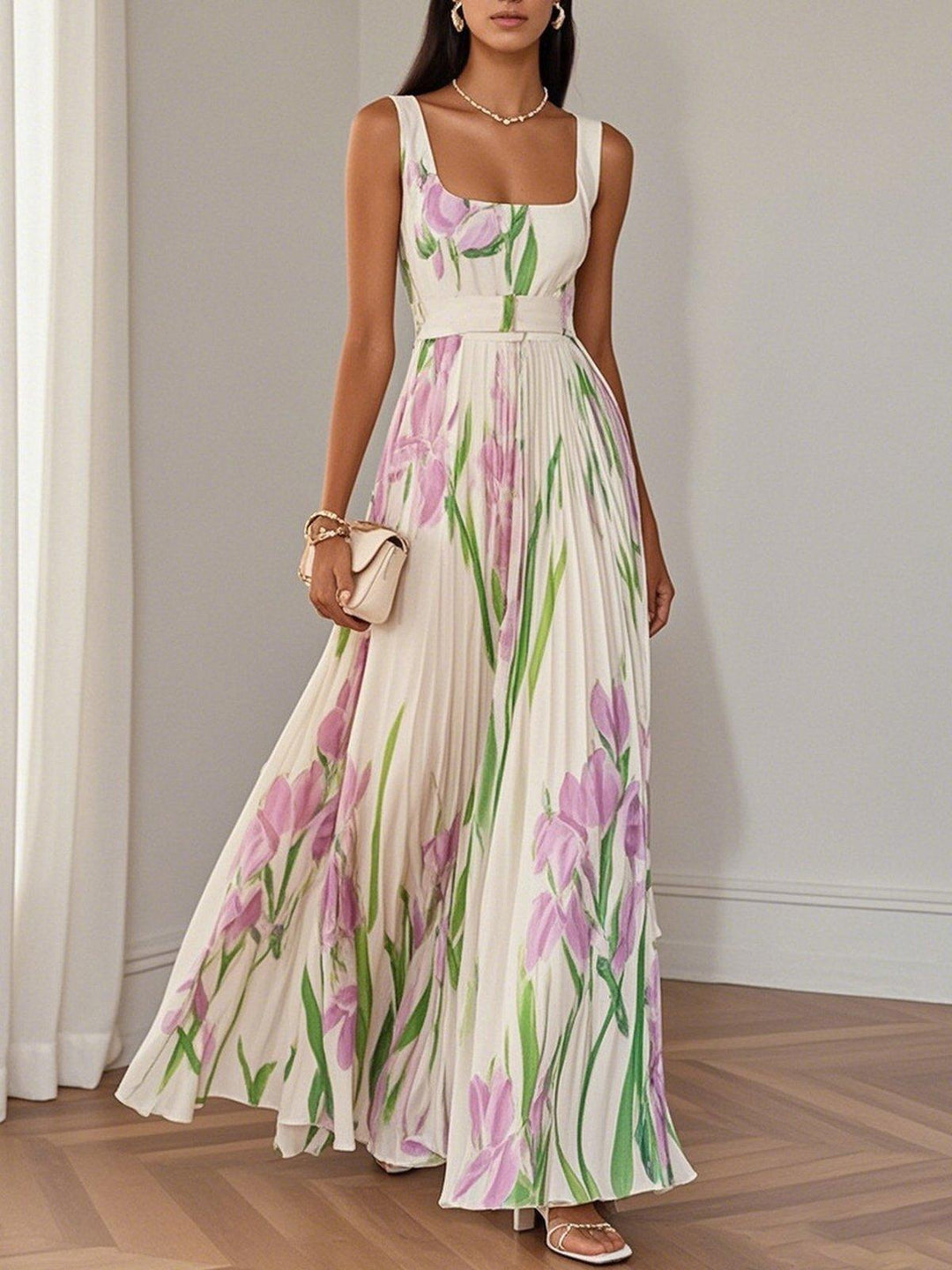 Zephyrine™ - White Pleated Floral Chiffon Maxi Dress