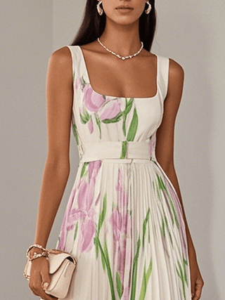 Zephyrine™ - White Pleated Floral Chiffon Maxi Dress