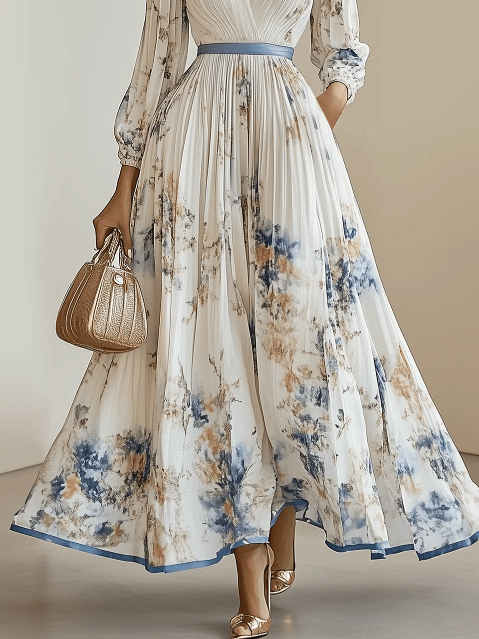 Ottavine™ - White Floral Chiffon Balloon Sleeve Maxi Dress