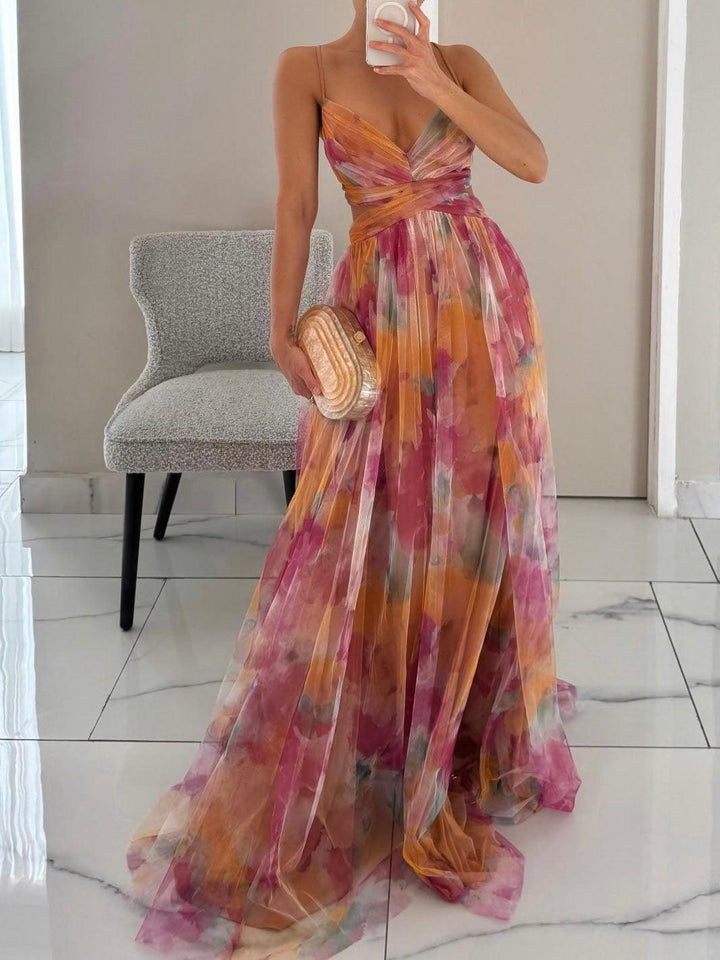 Ombeline™ - Painted Floral Print V-Neck Maxi Dress